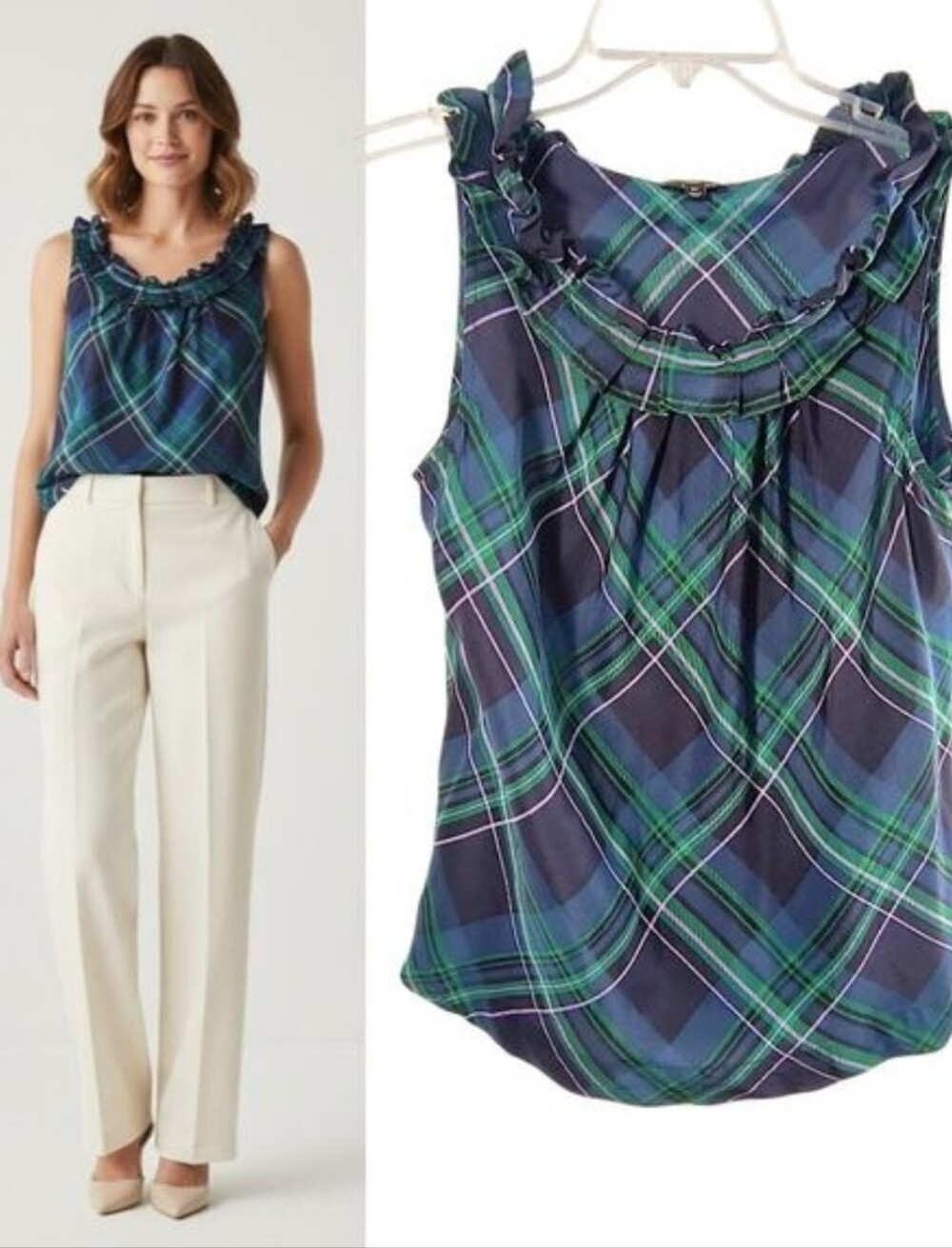 Talbots 100% silk Sleeveless Tartan Plaid Ruffle Neck Top - Green/Purple sz 12